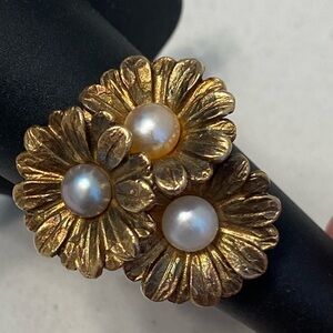 Vintage JCM Gold Washed Sterling Silver Daisy Pearl Ring Size 8